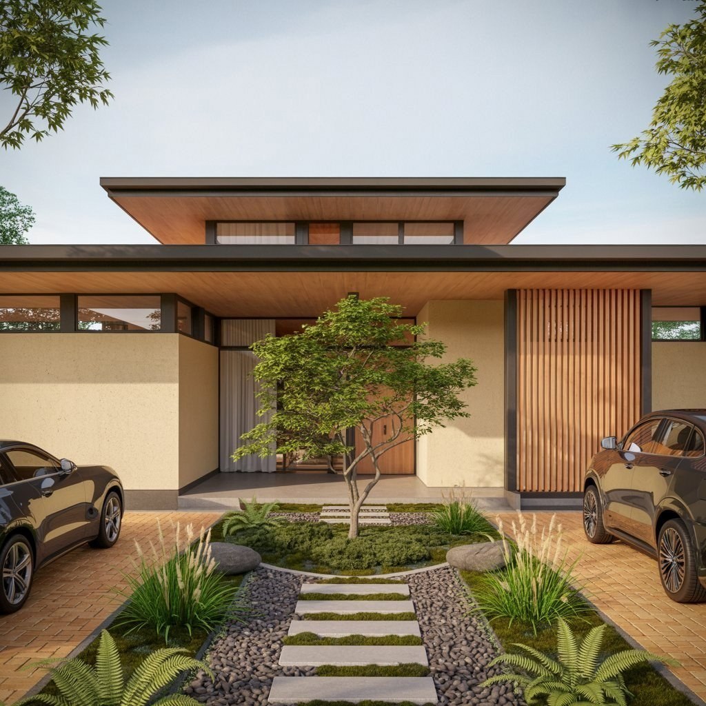 Japandi Exterior Bliss: Serene Modern Home with Natural Warmth