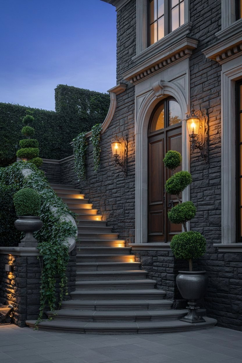 Elegant Front Porch: Dark Stone Exterior & Rustic Villa Charm