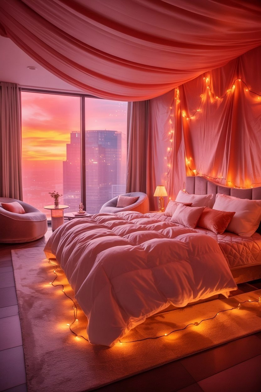 Dreamy Pink Sunset Bedroom: Cozy Apartment Soft Lighting